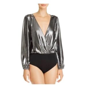 French Connection Womens Silver Black Metallic Waterfall‎ V-Neck Bodysuit US 2